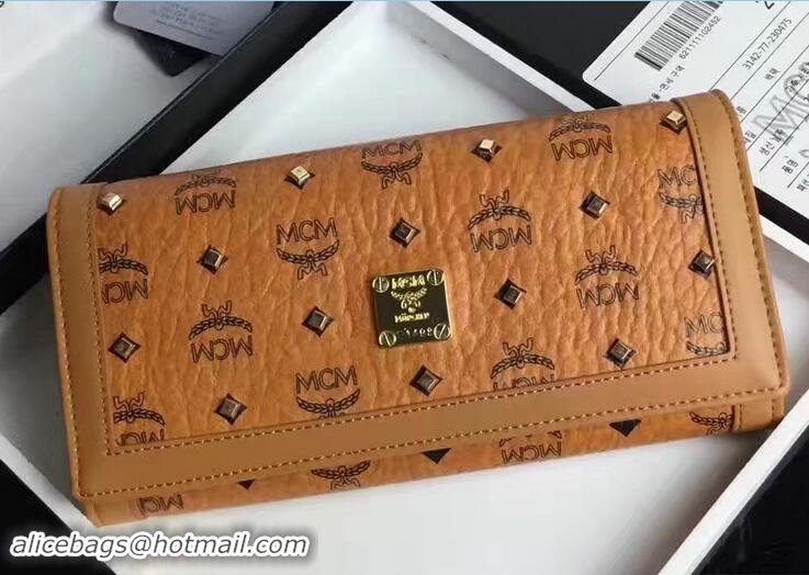 Famous MCM Studded Color Visetos Tri-fold Large Wallet 81114 Cognac