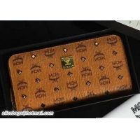 Classic MCM Studded Color Visetos Zip Around Large Wallet 81121 Cognac