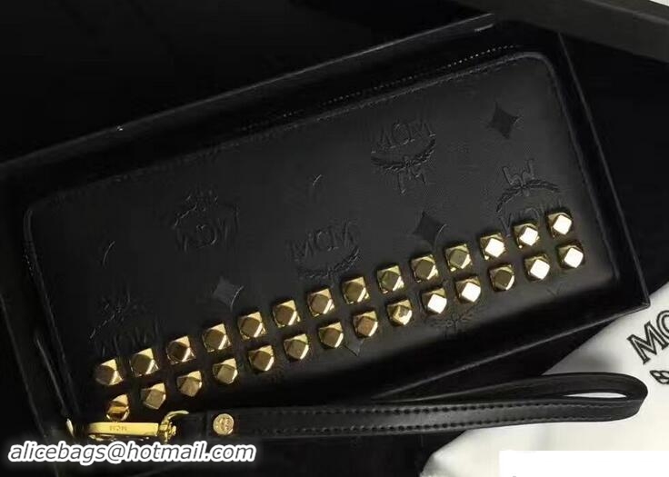 Good Quality MCM Studded Heritage Zip Around Large Wallet 81118 Black/Gold