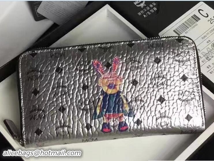 Charming MCM Rabbit Color Visetos Zip Around Large Wallet 81201 Silver