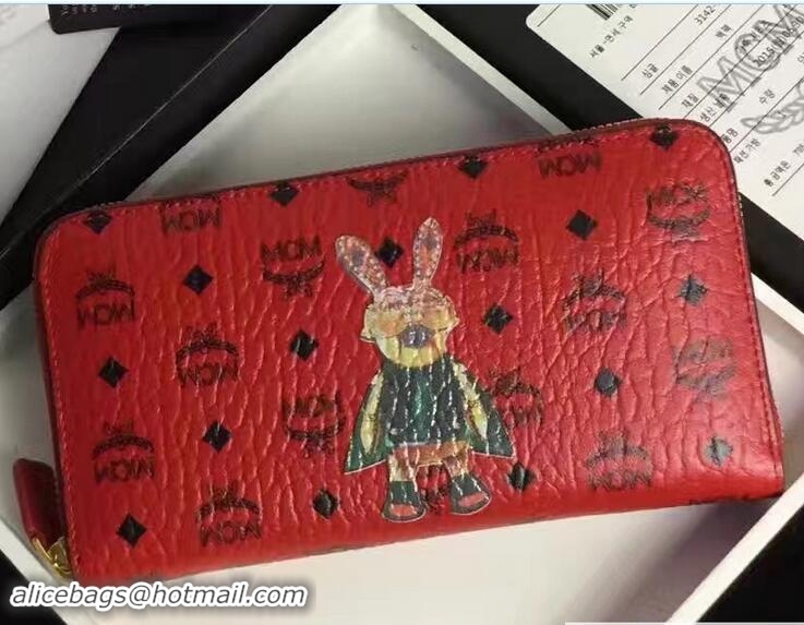 Good Quality MCM Rabbit Color Visetos Zip Around Large Wallet 81201 Red