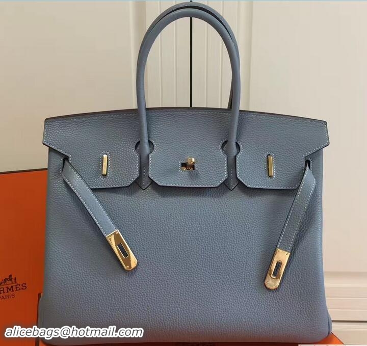 Grade Quality Hermes Clemence Leather Birkin 25cm Bag 81505 Baby Blue with Gold Hardware