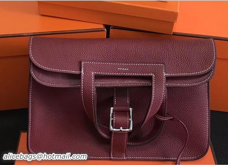 Good Quality Hermes Leather Halzan Tote Bag 91008 Bordeaux Red