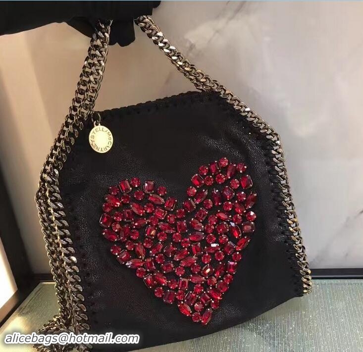 Luxury Stella McCartney Black Falabella Crystal Stones Tiny Tote Bag Red Heart 92820 2017