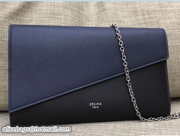 Sophisticated Celine Diagonal Large Flap Wallet On Chain 109053 Navy Blue/Black 2017