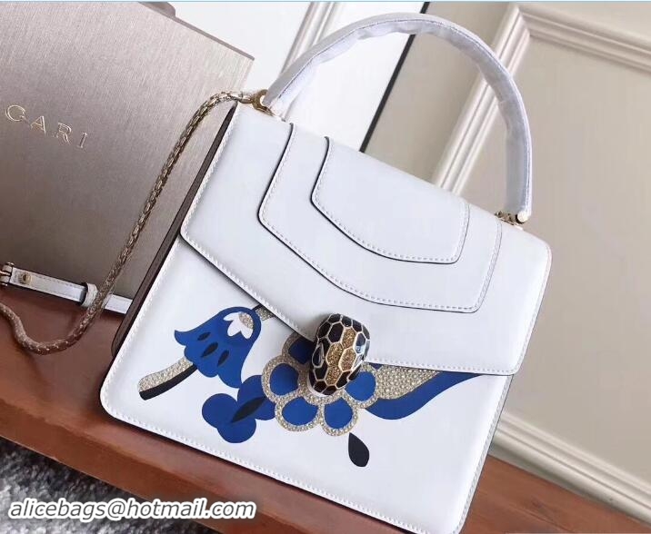 Charming Bvlgari Flower Serpenti Forever Flap Cover Top Handle Bag 111345 White/Blue 2017