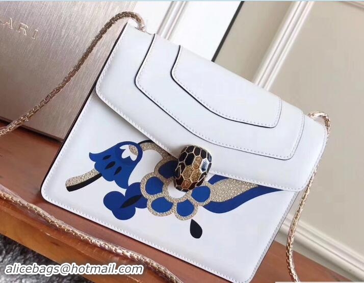 Stylish Bvlgari Flower Serpenti Forever Flap Cover Small Bag 111346 White/Blue 2017