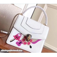 Fashion Bvlgari Flower Serpenti Forever Flap Cover Top Handle Bag 111343 White/Fuchsia 2017