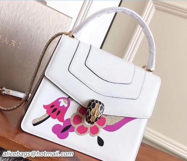 Fashion Bvlgari Flower Serpenti Forever Flap Cover Top Handle Bag 111343 White/Fuchsia 2017