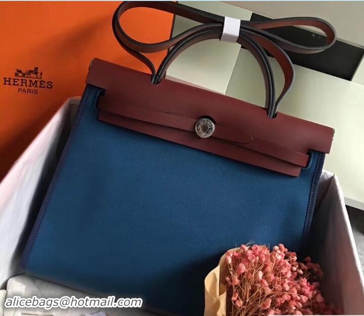 Well Crafted Hermes Canvas And Leather Her Bag Zip 31 Bag 12011 Turkey Blue/Burgundy