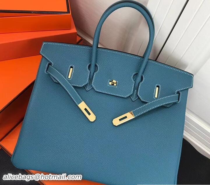 Shop Duplicate Hermes Clemence Leather Birkin 25 Bag Blue with Gold Hardware 327012