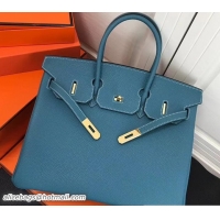 Sophisticated Hermes Clemence Leather Birkin 35 Bag Denim Blue with Gold Hardware 327014