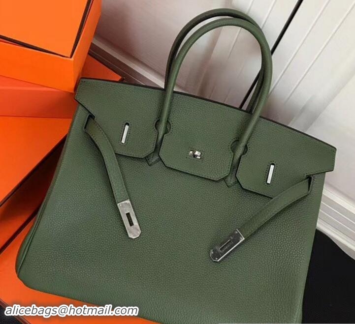 Stylish Hermes Clemence Leather Birkin 35 Bag Olive Green with Silver Hardware 327014