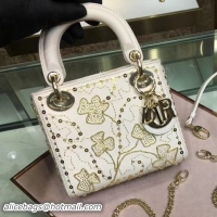 Top Design Dior Mini Lady Dior Bag in Threads Clovers Embroidered Calfskin 101601 White/Gold 2018 Collection