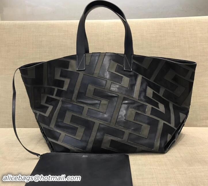 Luxury Celin Textile and Leather Patchwork Medium Tote Bag 111806 Black