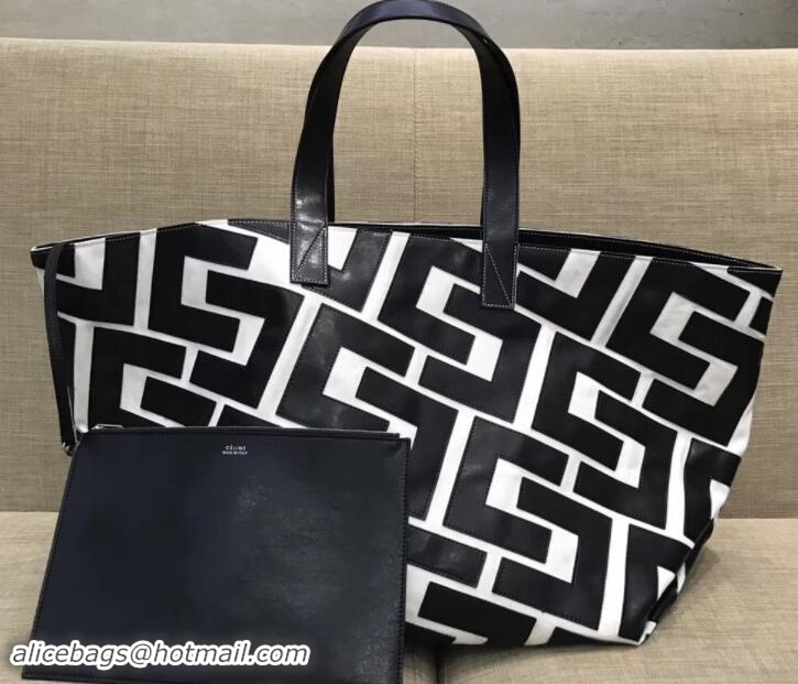 Top Grade Celin Textile and Leather Patchwork Medium Tote Bag 111806 Black/White