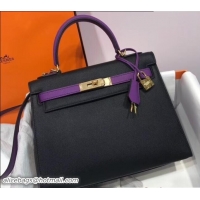 AAAAA Hermes Bicolor Kelly 28cm Bag in Epsom Leather 1102256 Black/Purple