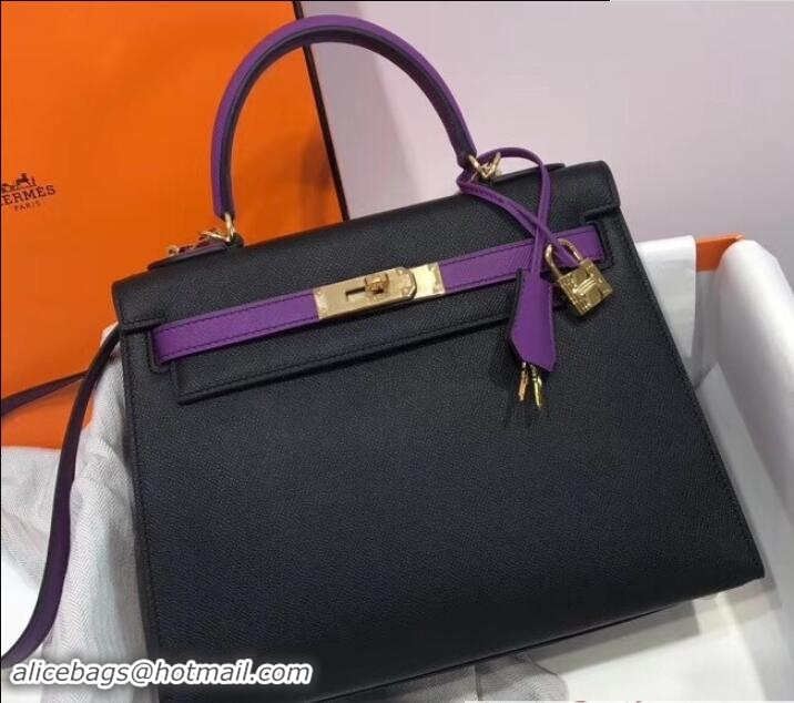 AAAAA Hermes Bicolor Kelly 28cm Bag in Epsom Leather 1102256 Black/Purple