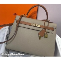 Duplicate Hermes Bicolor Kelly 32cm Bag in Epsom Leather 1102255 Pale Gray/Brown