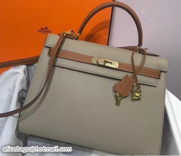 Duplicate Hermes Bicolor Kelly 32cm Bag in Epsom Leather 1102255 Pale Gray/Brown