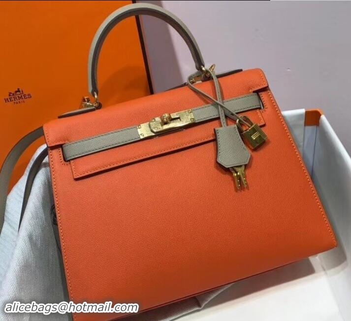 Original Cheap Hermes Bicolor Kelly 28cm Bag in Epsom Leather 1102256 Orange/Pale Gray