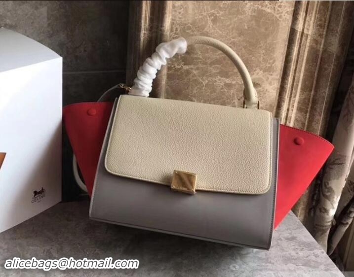 Charming Celine Tricolor Elephant Calfskin/suede Trapeze small Bag 122506 off white/gray/red