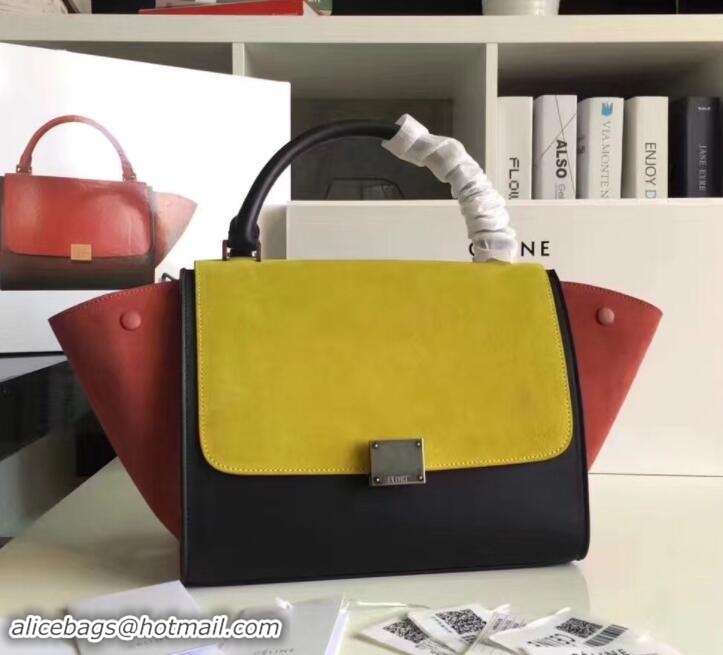 Feminine Celine Tricolor Elephant Calfskin/suede Trapeze small Bag 122504 black/yellow/red 2018