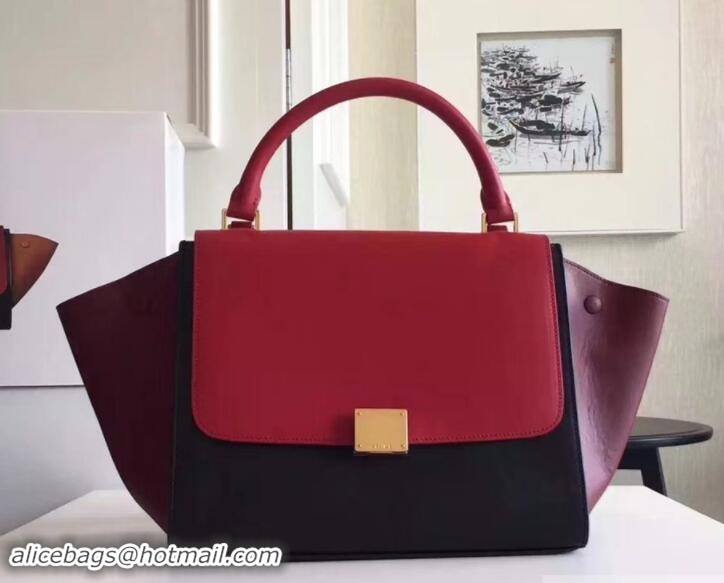 Pretty Style Celine Tricolor Elephant Calfskin/suede Trapeze small Bag 122504 black/burgundy/red