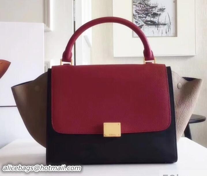 Hot Style Celine Tricolor Elephant Calfskin Trapeze small Bag 122505 black/gray/red