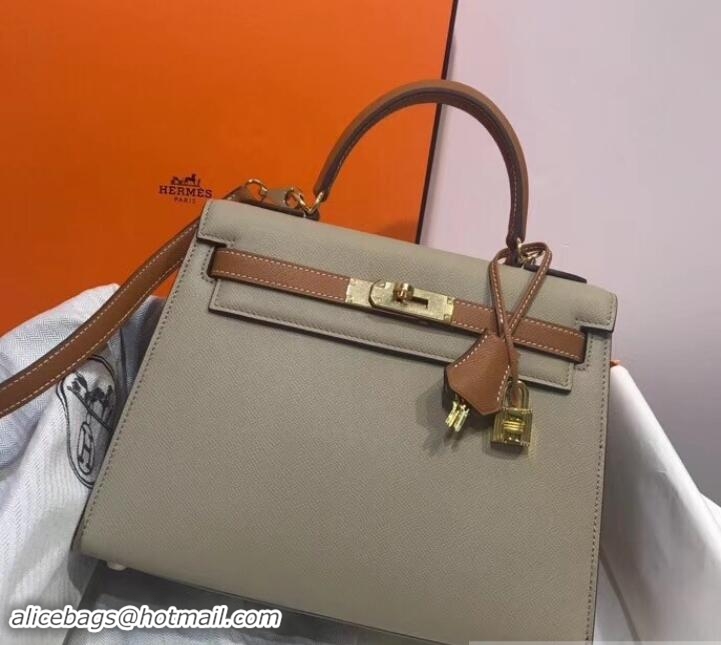 Fashion Hermes Kelly 28cm Top Handle Bag in Epsom Leather 100202 Dove Gray/Caramel Brown