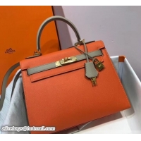 Good Quality Hermes Kelly 28cm Top Handle Bag in Epsom Leather 100202 Orange/Dove Gray