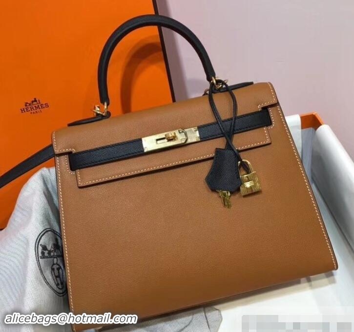 Luxury Cheap Hermes Kelly 28 cm Top Handle Bag in Epsom Leather 100202 Caramel Brown/Black