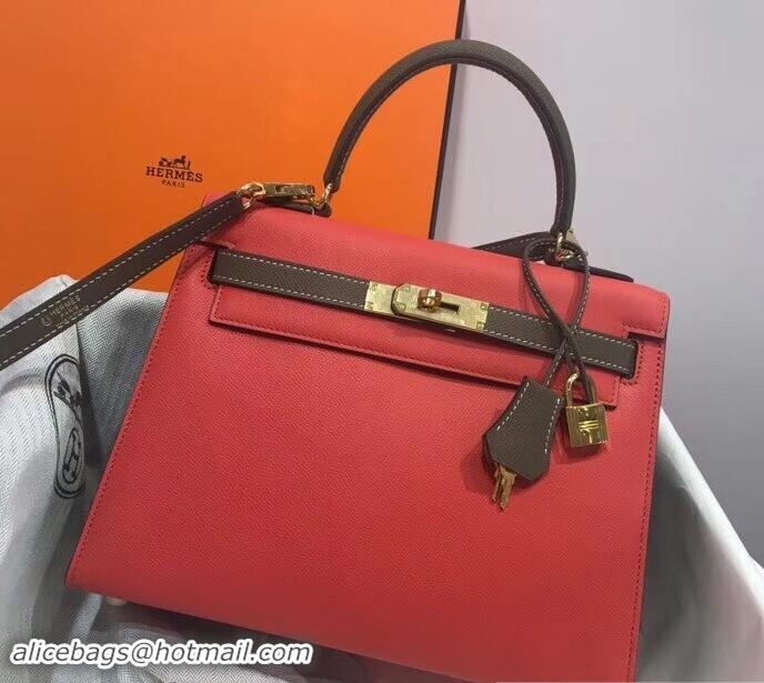 Stylish Hermes Kelly 28cm Top Handle Bag in Epsom Leather 100202 Red/Elephant Gray