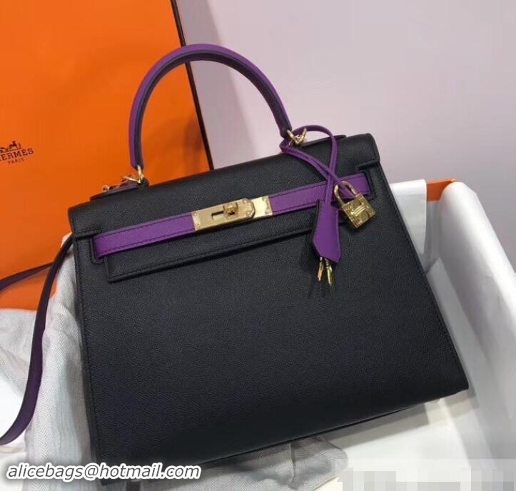 Trendy Design Hermes Kelly 28cm Top Handle Bag in Epsom Leather 100202 Black/Purple