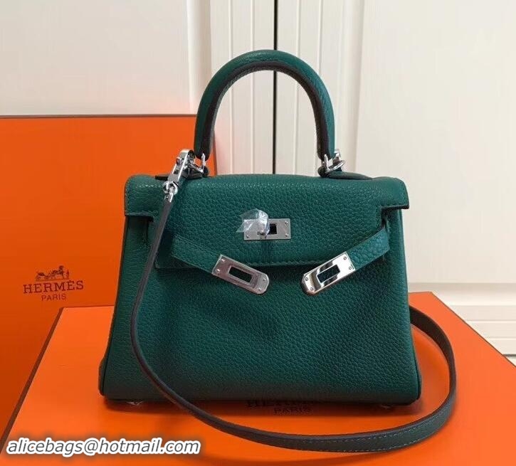 Stylish Hermes mini kelly 20 bag atrovirens in clemence leather with silver hardware 103016