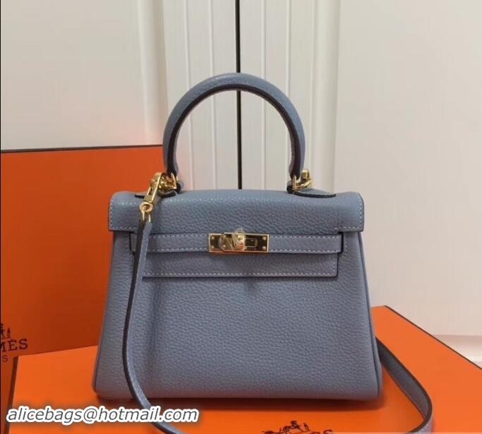 Good Looking Hermes mini kelly 20 bag light blue in clemence leather with golden hardware 103020