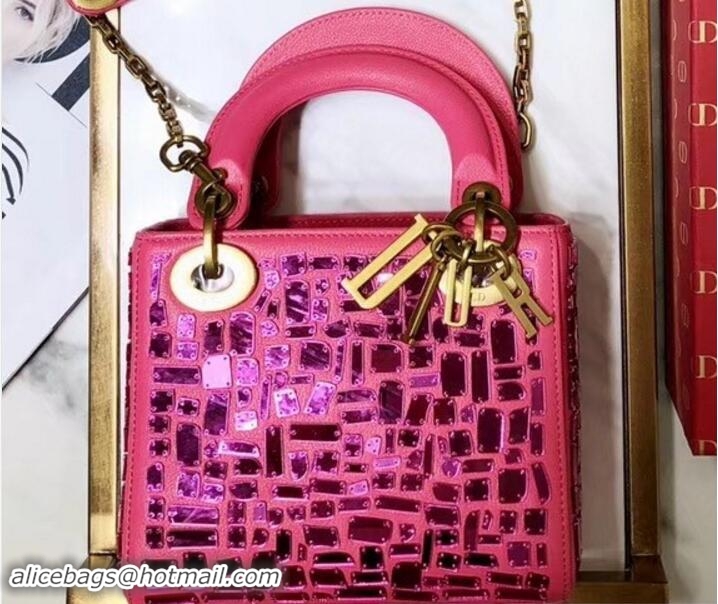 Discount Lady Dior Mini Bag Pink with Chain Embroidered With A Mosaic Of Mirrors 800520 2018