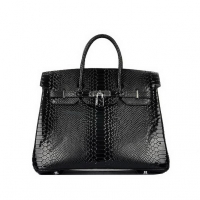 Fashion Hermes Birkin 35CM Black Snake Leather Tote Bag Silver