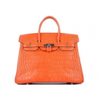 Top Quality Hermes Birkin 35CM Orange Croco Leather Tote Bag Silver