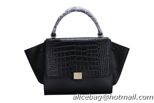 Celine Trapeze Top Handle Bag Croco Leather 8003 Black