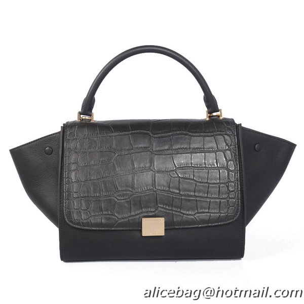 Celine Trapeze Bag Croco Calfskin Leather C008B Black