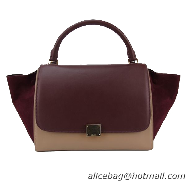 Celine Trapeze Bag Calfskin & Nubuck Leather 88037 Maroon&Apricot