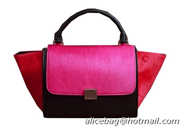 Celine Trapeze Top Handle Bag Horse Hair 3342 Rose&Black&Red