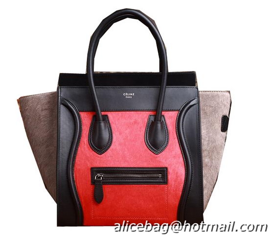 Celine Luggage Mini Boston Tote Bags Horse Hair 3308 Red&Black