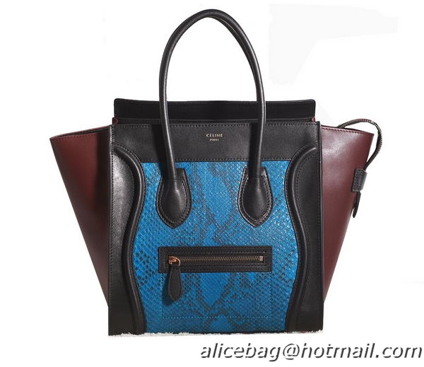 Celine Luggage mini Boston Bag Original Snake Leather 3308 Blue&Black