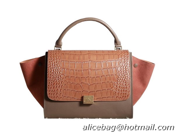 Celine Trapeze Top Handle Bag Croco Leather 3342 Khaki&Camel