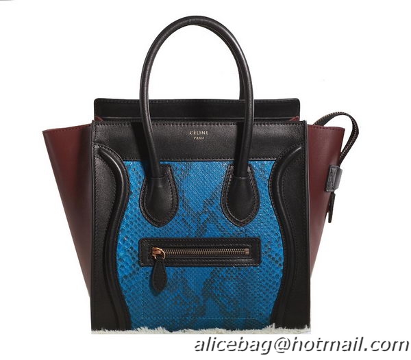 Celine Luggage Micro Boston Bag Original Snake Leather 3307 Blue&Black