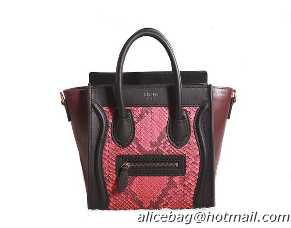 Celine Luggage Nano Boston Bag Original Snake Leather 3309 Red&Black