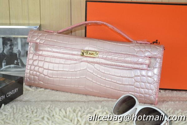 Hermes Kelly Clutch Bag Croco Leather K31 Light Pink