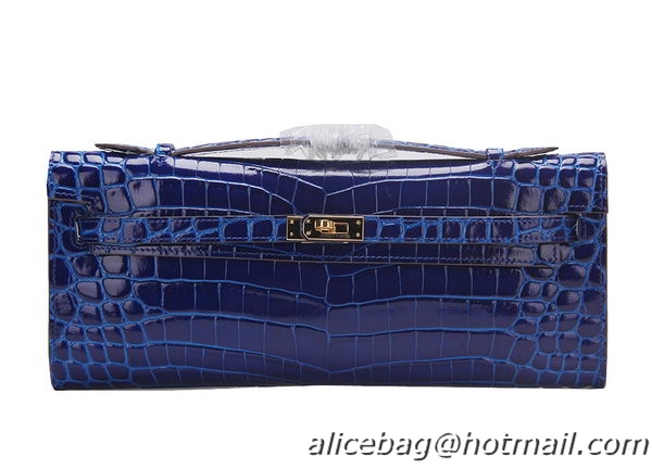 Hermes Kelly Clutch Bag Croco Leather K1002 Blue